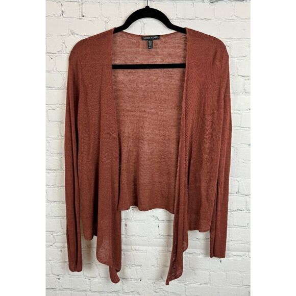 EILEEN FISHER brown organic linen blend open front knot knit cardigan sweater XS - Picture 1 of 7
